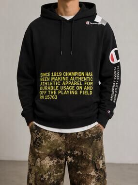 Champion Hooded Sweatshirt All Over Print Hoodie Mens Large
